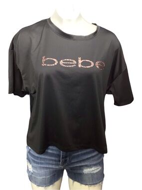bebe Black Tee with Pink Leopard Logo